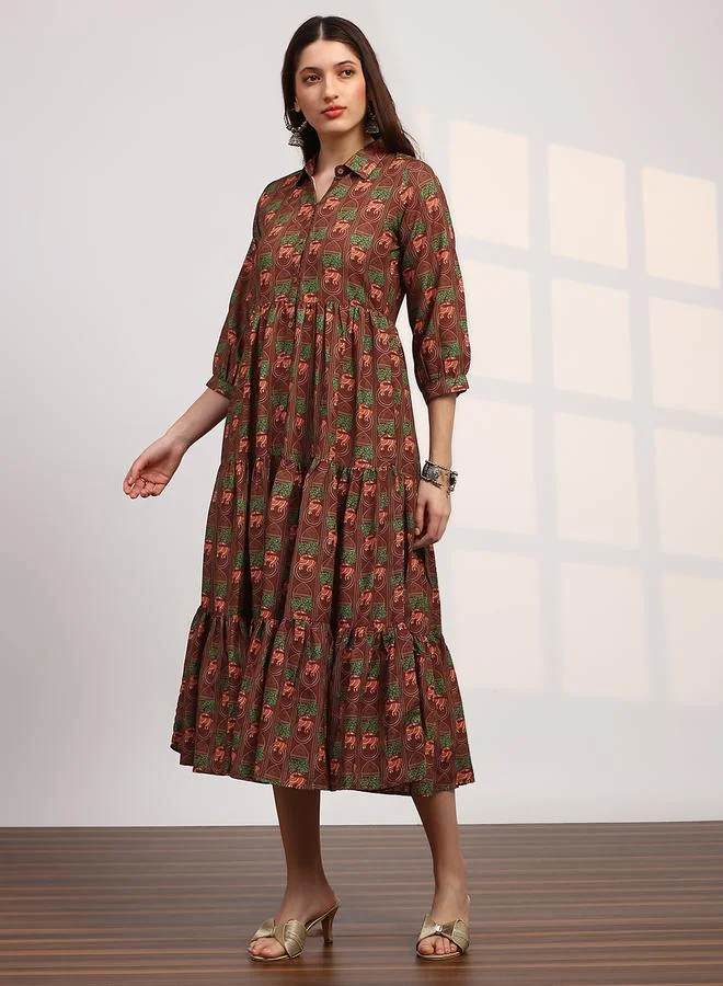 جلو باص فستان نسائي متوسط الطول بأكمام أسقفية وياقة